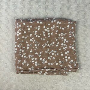 Brown White Floral Print Baby Swaddle Blanket Flowers Bamboo Cotton Blend Muslin